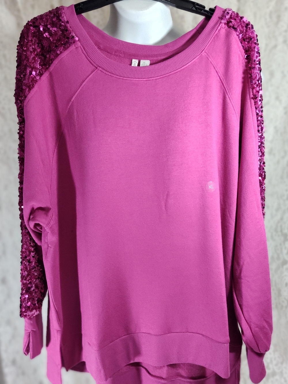 Bling Pink Sequin-Shoulder Crewneck Pullover
